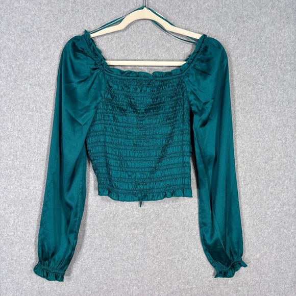 Satin Ruched Smocked Corset Top Medium Emerald Teal Milkmaid Feminine Romantic - Picture 8 of 9